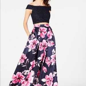 Floral Two Piece Maxi Skirt Set Off Shoulder Crop Top Formal